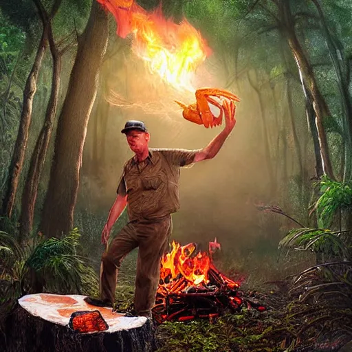 Prompt: Tom Hanks as forrest raosting a giant shrimp over a campfire in the jungle, realistic digital painting, in the style of Aleksi Briclot, photoreailstic, realistic face, amazing detail, sharp