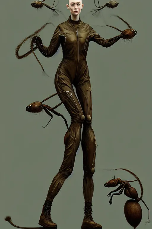 Image similar to epic professional digital art of female anthropomorphic ant wearing air force jumpsuit, painting, by leesha hannigan, iris van herpen, artstation, cgsociety, wlop, epic, much wow, much detail, gorgeous, detailed, cinematic, masterpiece