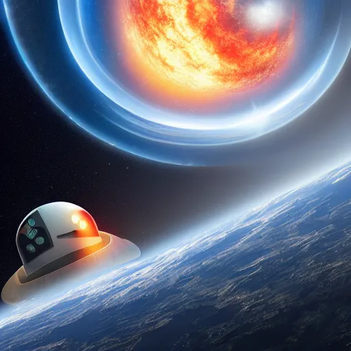 Image similar to astronaut seeing earth sitting in space ship through a apocalypse in the earth