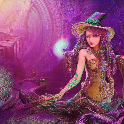 Image similar to psychadelic witch, hyper detailed, flowing psychadelic background intricate and detailed, ornate 8 k gorgeous intricate detailed, octane render