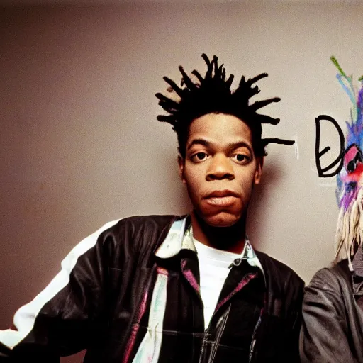 Image similar to portrait photo of basquiat and kurt cobain in nirvana basquiat ’ s studio, photorealistic,