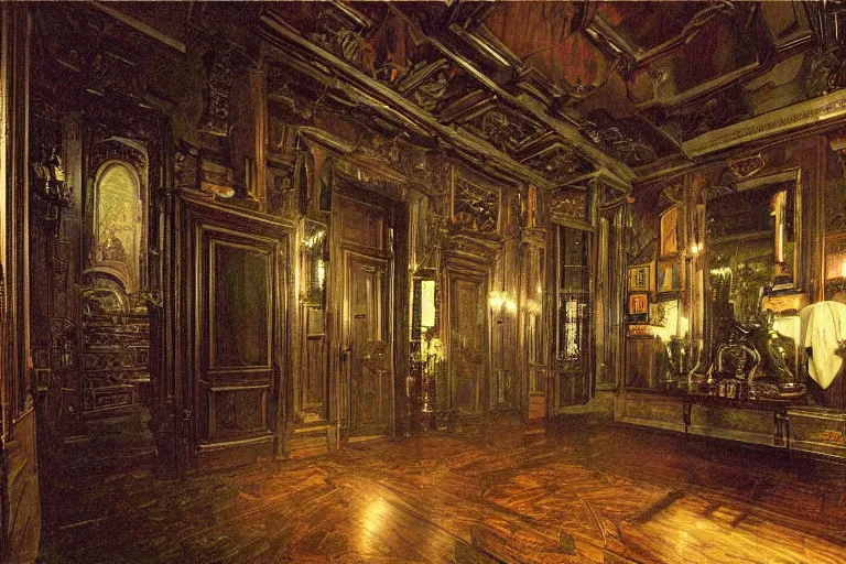 Image similar to full - color digital photo of the interior of a spooky elegant mansion at night. the interior is narrow, labyrinthine, illogical, surreal, bizarre, and complicated. there is a faintly - visible victorian ghost lurking. highly - detailed high - resolution photography.