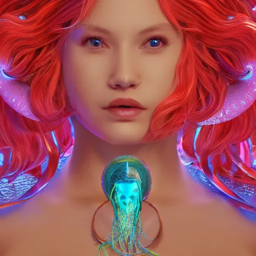 Image similar to Full body photo of the most beautiful goddess, she has a jellyfish-phoenix head's and a siren body by Tooth Wu, trending on Artstation, digital art, symmetrical artwork, cinematic, hyper realism, high detail, octane render, 4k, 8k