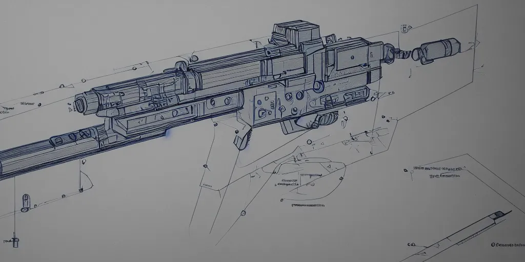 Image similar to blueprint of a laser space gun, technical draw, concept art, very detailed, 3 5 mm