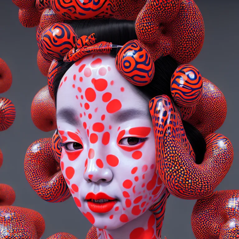 Image similar to hyperrealistic detailed image of a geisha in a art installation room, hd smooth interior by yayoi kusama, part by kei mieno, part by ross tran, dark art by james jean, ultra realistic, highly detailed, life like face, detailed body, 8 k, 3 d render by roger magrini, masterpiece