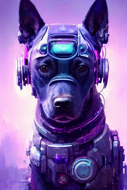 Image similar to a beautiful portrait of a cute cyberpunk dog by greg rutkowski and wlop and sandra chevrier, purple blue color scheme, high key lighting, volumetric light, digital art, highly detailed, fine detail, intricate, ornate, complex, octane render, unreal engine, photorealistic