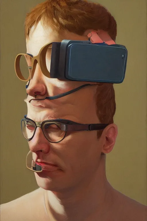 Image similar to Michael Saylor wearing oculus and bitcoin over his head Edward Hopper and James Gilleard, Zdzislaw Beksisnski, highly detailed