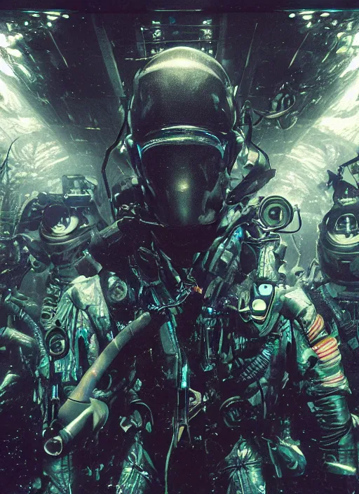 Image similar to astronauts in dark void underwater - complex and hyperdetailed technical suit. reflection and dispersion materials. rays and dispersion of light. volumetric light. f / 3 2. noise film photo. flash photography. ultra realistic, wide angle. poster by wayne barlowe, hajime sorayama aaron horkey, craig mullins