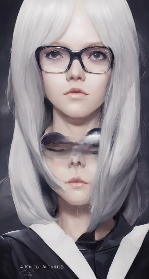 Prompt: a portrait of a scientist android girl with silver hair wearing white suit and glasses by artgerm and wlop and krenz cushart, painterly