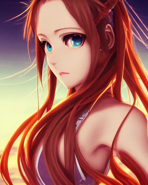 Prompt: Asuna by Zeronis and Avetetsuya Studios and Mitsu Art, flowing hair, symmetrical face, anime, elegant, sunset, trending on artstation, artstationHD, artstationHQ, patreon, 4k, 8k