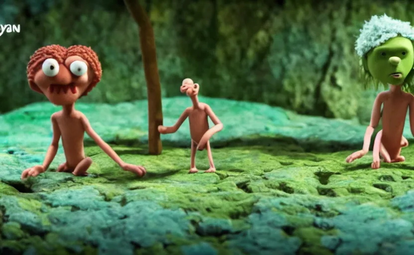 Image similar to Adam and Eve a still from a stop motion film, Aardman Animations, claymation, 4k, high quality