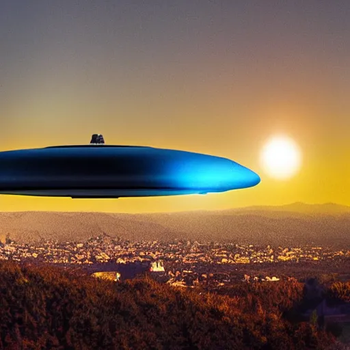 Image similar to actual photograph of UFO, golden hour, award winning, high def