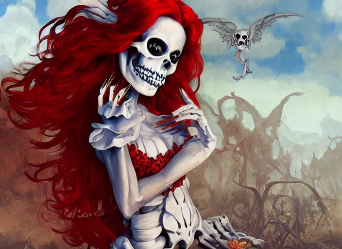 Image similar to cute & beautiful smug smiling mexican undead skeleton girl with red hair dressed as a witch, elegant, digital art, fantasy, pixar style, painting, pin up, highly detailed, artstation, art by artgerm, vrubel, boris vallejo and ilya kuvshinov