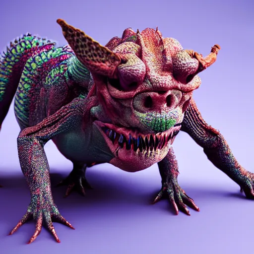 Image similar to a grotesque but cute creature crawling on four legs with weird features, strange feeelrs, coloured scaly skin, looking inquisitively at the camera, 3d render, studio lighting