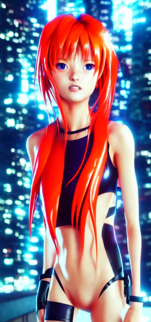 Image similar to asuka langley in a neon city, octane render 8 k, photorealistic render, atmospheric render, beautiful face, cute, realistic skin, redshift render, realistic reflections