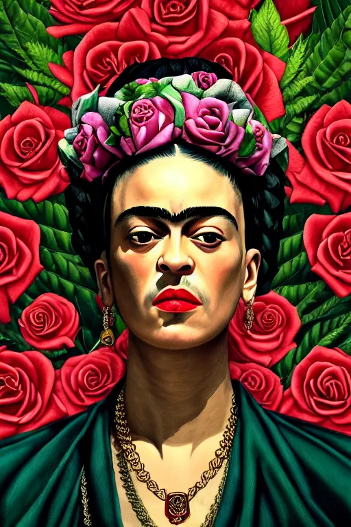 Image similar to rap album cover featuring frida kahlo wearing gangster thug outfit, staring directly into camera, intricate, elegant, dramatic lighting, highly detailed, digital painting, artstation, sharp focus, illustration, art by wlop, mars ravelo and greg rutkowski, roses replaced by weed buds, album cover, parental advisory