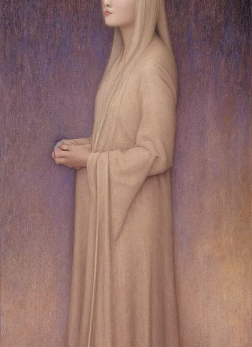 Image similar to thin young beautiful girl with silver hair, pale!, wearing robes, wearing hair, golden goddess, young cute wan korean face, silver hair!!, oil on canvas, style of jean delville, 4 k resolution, aesthetic!,