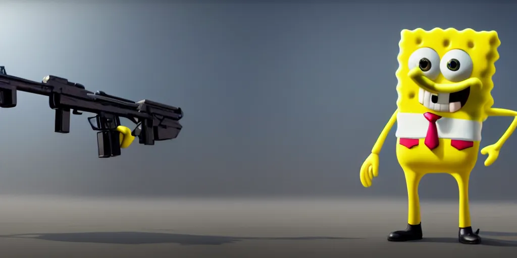 Image similar to spongebob with a gun. Octane render, 4k, 8k, unreal 5, very detailed, hyper realism, trending on artstation.