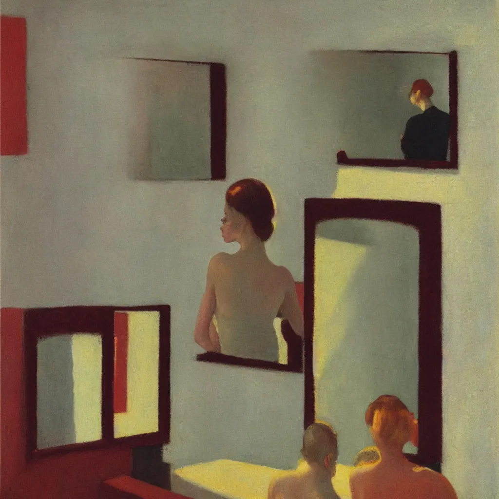 Prompt: seeing her in my mirror when lights in the back room are on and shadows are crawling back into my life, style of Edward Hopper, John Singer Sargant, Francis Bacon, colors of Mark Rothko