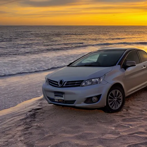 Image similar to a car chilling on the beach, sunset