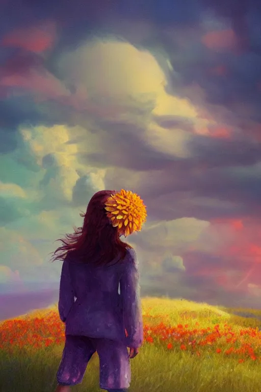 Image similar to closeup perspective, giant dahlia flower as head, girl standing on mountain, surreal photography, blue storm clouds, dramatic light, impressionist painting, digital painting, artstation, simon stalenhag