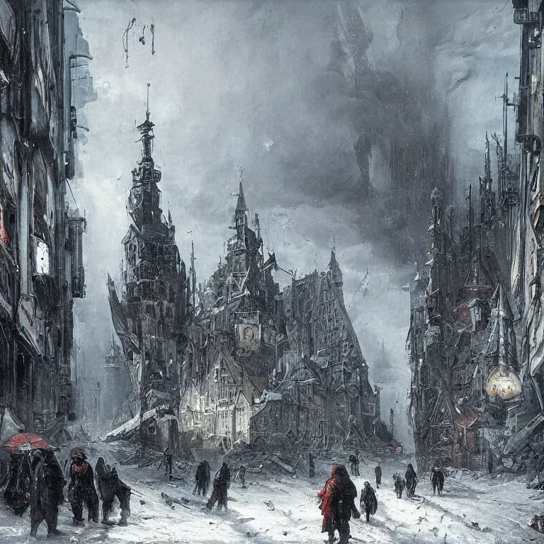 Prompt: cyberpunk depiction of the city of gdansk during arctic conditions by jan matejko