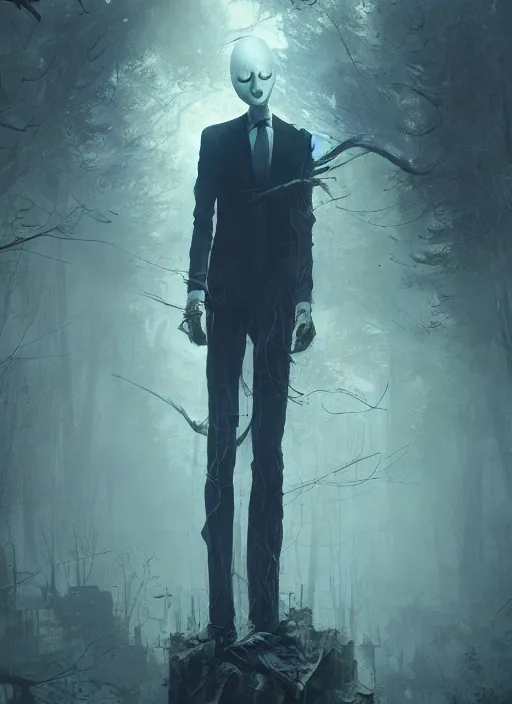 Image similar to a creepy portrait of slenderman. forest. night. character design by cory loftis, fenghua zhong, ryohei hase, ismail inceoglu and ruan jia. volumetric light, detailed, rendered in octane