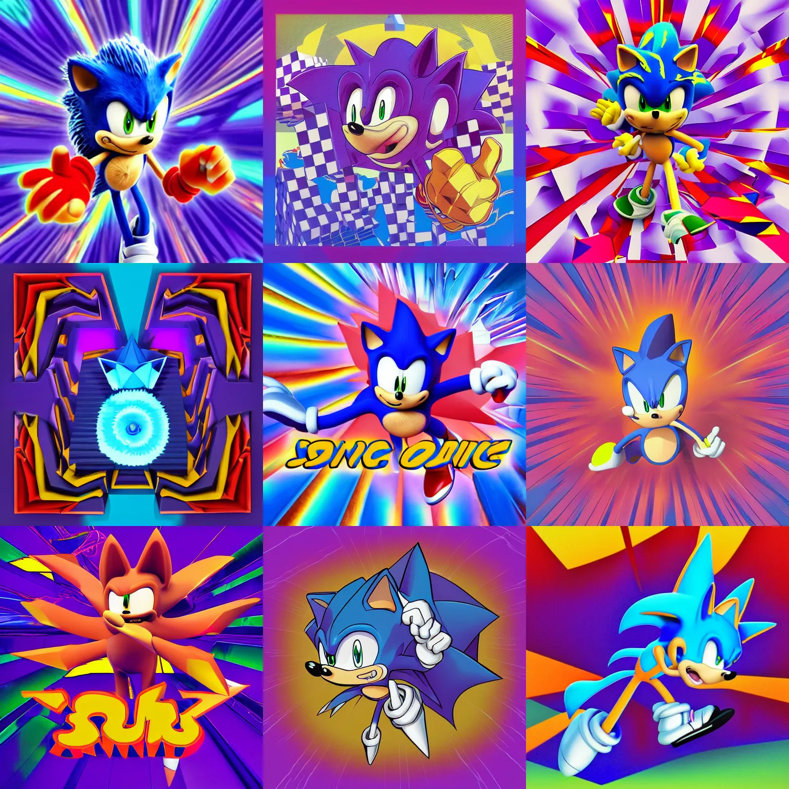Prompt: surreal sonic the hedgehog sharp, detailed professional, high quality low poly render of MGMT album cover of a liquid dissolving LSD DMT sonic the hedgehog on a flat purple checkerboard plane, 1990s 1992 prerendered graphics phong shaded album cover
