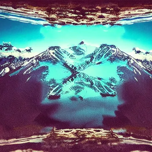 Image similar to an upside down mountain hanging over a lake, distorted, glitched, dramatic, cinematic, realistic, dark