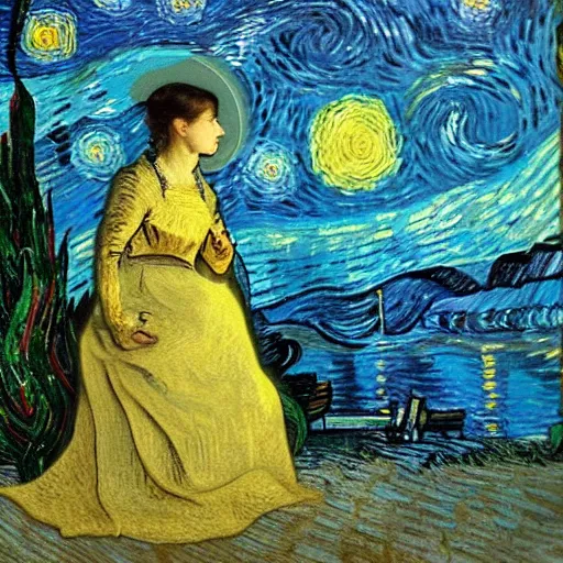 Image similar to Victorian woman singing quietly by a sacred lake at night, bright fire flies, big moon, stars, painted by Vincent van Gogh, Jacques-Louis David detailed