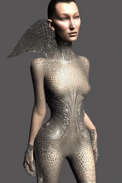 Image similar to a highly detailed portrait of a beautiful alien goddess bella hadid in iris van herpen dress in diamonds in style of alphonse mucha trending on artstation made in unreal engine 4