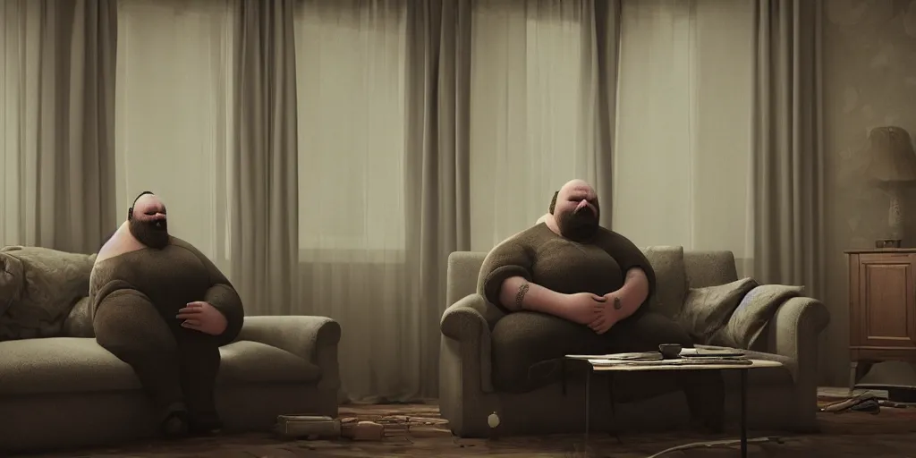 Prompt: a highly detailed photographic render of a fat scary man in a bloody living room, scary man watching tv, horror sci-fi, horror science fiction, biology, horror, cinematic, cinematic horror, cinematic lighting, cinematic scene, cinematic render, film, horror film, beautifully lit, ray traced, octane 3D render, octane render, unreal engine