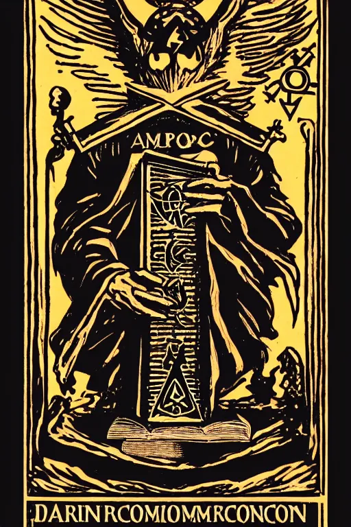 Prompt: dark angel holding a book of necronomicon, tarot card, masonic, secret society, communism, socialism, symmetrical, cinematic, sharp focus, 4 k, ultra hd, sense of awe, forbidden knowledge