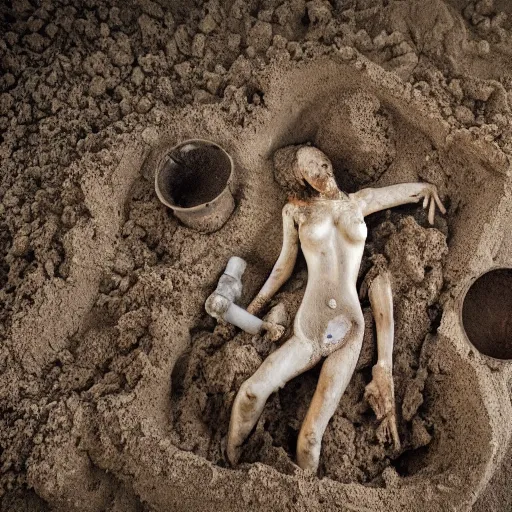 Prompt: overhead view a woman's corpse and a baby buried under sand, mud and rusty pipes, faded, depth of field,, ultra realistic, very detailed, by nadav kander, 8 k hyper realistic detailed cinematic still