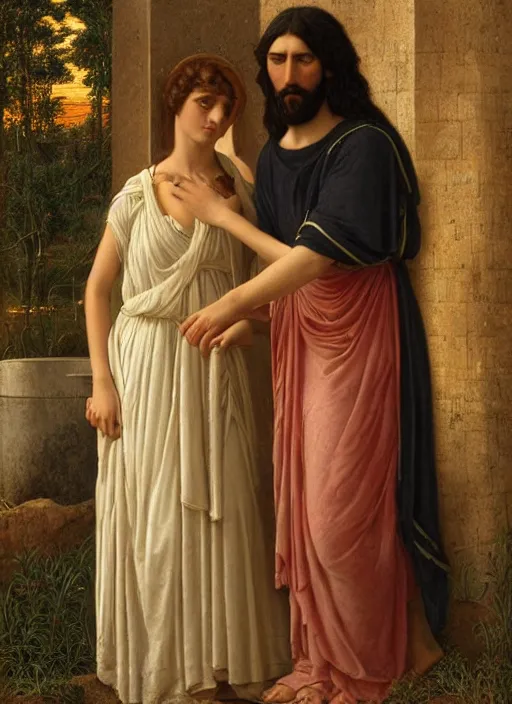 Prompt: beautiful art portrait by John William Godward and Anna Dittman depicting jesus and the samaritan woman at the well in the judean countryside, evening, atmospheric lighting, intricate detail, cgsociety, hyperrealistic, octane render, ambient light, dynamic lighting