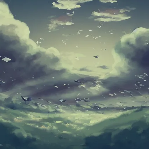 Image similar to background art of spaciously scattered longswords flowing and floating through the blowing swirling directional wind from left to right on a simple cloudy sky background, big puffy clouds, large individual rose petals, angular background elements, large polygonal fragments, anime, studio ghibli, artgerm, manga, trending on artstation, art nouveau, mature color scheme