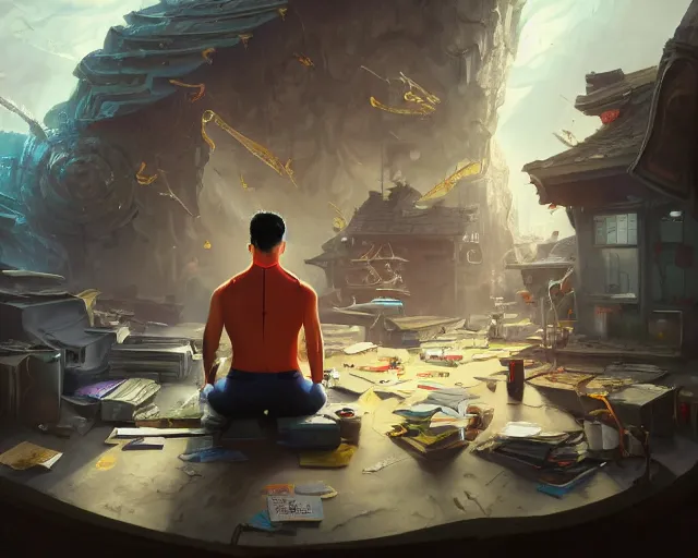 Image similar to an insanely detailed painting of a nerdy asian man wearing a superhero costume, sitting at a desk, staring at the nervously at the computer and typing, in the style of peter mohrbacher, dramatic lighting and composition, octane render, pixar, trending on artstation, concept art, comic book, view from behind