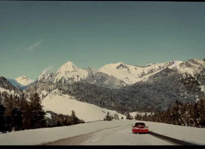 Image similar to A very high resolution image from a new movie, landscape from a car window , mountains, snowy, snowy mountains, Polaroid, directed by wes anderson