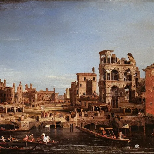 Prompt: a painting similar to Capriccio: Ruins and Classic Buildings by Canaletto