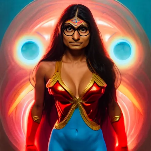 Image similar to mia khalifa as darna, wax figure, glowing eyes, volumetric lights, red and cyan theme, art nouveau botanicals, intricate, highly detailed, digital painting, artstation, concept art, smooth, sharp focus, cinematic, illustration, beautiful face, art by artgerm and greg rutkowski and alphonse mucha