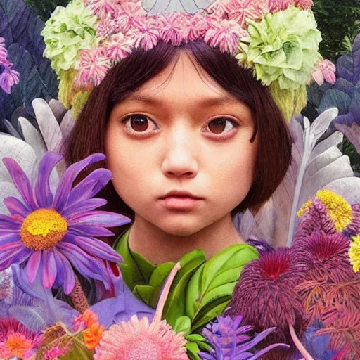 Image similar to real girl dora the explorer, exterior botanical garden, portrait face, colorful, frantisek kupka, intricate, miles johnston, kuroda seiki, cynical realism, ozabu, john william godward, painterly, yoshitaka amano, moebius, miles johnston, louise zhang, james jean, mark ryden lowbrow pop surrealism art style