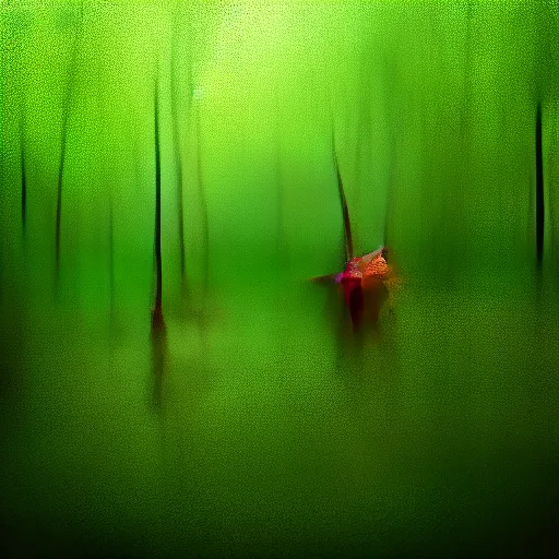 Image similar to thin little girl in a swamp wearing old gas mask. Water to her knees. Bayou. Dark Green forest. Late afternoon. Foggy. Fireflies fly around