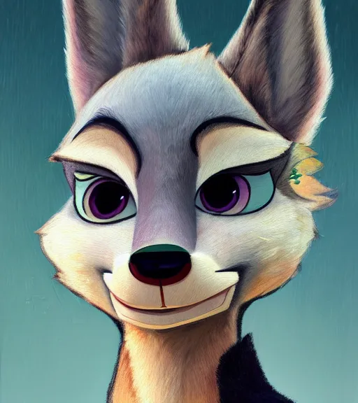 Image similar to oil painting portait of anthromorphic female wolf, in style of zootopia, zootopia, zootopia, fursona, furry, furaffinity, 4 k, deviantart, furry art, fursona art, wearing black business suit, business suit, in style of zootopia, wolf fursona, cyberpunk, female, expressive detailed feminine face,