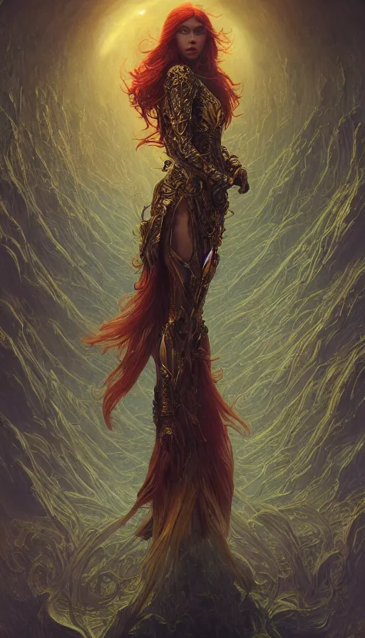 Image similar to ascending dark full body redhead goddess angel, madison beer, intricate armor, highly detailed, glowing, action pose, cinematic, art deco, gold filigree, ethereal, alfonso mucha, zdzisław beksinski, andrei ryabovichev, shaun tan, chriss foss, peter mohrbacher, 4 k