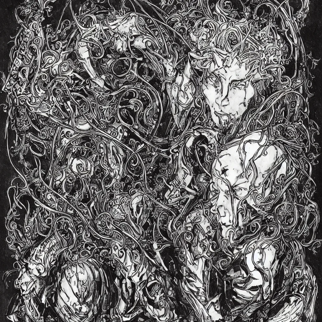 Image similar to A colorful art nouveau bust portrait of Elric in black shining armor, holding a rune-engraved black broadsword that glows with eldritch power, wearing an intricately detailed chaos star crown, by P. Craig Russell, Michael Kaluta and Jia Ruan, fantasy, crisp lighting and edges, dark ambience, malevolent expression, determination, fear, confidence, accurate symmetrical facial details, aquiline facial features, medieval fantasy designs, white wolf, anime style