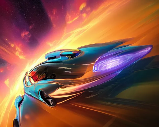 Prompt: a convertible with space boosters flying through space. Cosmic skies scifi. digital illustration, very vibrant colors, soft lighting, adventurous, atmospheric lighting, 8K, octane render. By Makoto Shinkai, Stanley Artgerm Lau, WLOP, Rossdraws, James Jean, Andrei Riabovitchev, Marc Simonetti, krenz cushart, Sakimichan, D&D trending on ArtStation, digital art.