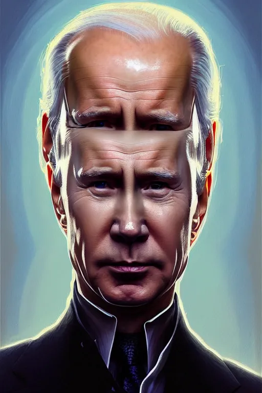 Image similar to Portrait of Putin with half of a Biden\'s face, D&D, face, fantasy, intricate, elegant, highly detailed, digital painting, artstation, concept art, smooth, sharp focus, illustration, art by artgerm and greg rutkowski and alphonse mucha