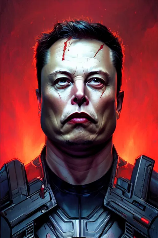 Image similar to elon musk as punisher, marvel character, realistic portrait, symmetrical, highly detailed, digital painting, artstation, concept art, smooth, sharp focus, illustration, cinematic lighting, art by artgerm and greg rutkowski and alphonse mucha