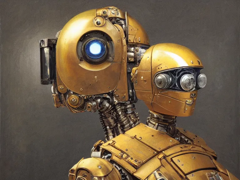 Image similar to a detailed profile oil painting of a dieselpunk humanoid robot with reflective visor, flight suit, portrait symmetrical and science fiction dieselpunk theme with aurora lighting by beksinski carl spitzweg and tuomas korpi. baroque elements, full-length view. baroque element. intricate artwork by caravaggio. Trending on artstation. 8k