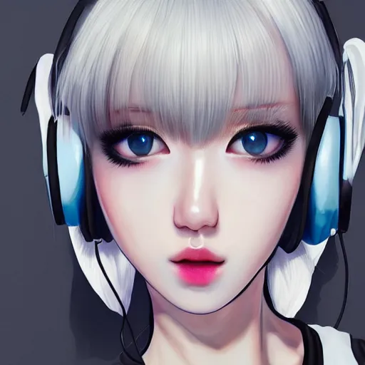 Image similar to realistic teasing detailed semirealism beautiful gorgeous cute Blackpink Lalisa Manoban white hair white cat ears blue eyes, wearing black camisole outfit, headphones, black leather choker full HD 4K high resolution quality WLOP, Aztodio, Taejune Kim, Guweiz, Pixiv, Instagram, Artstation